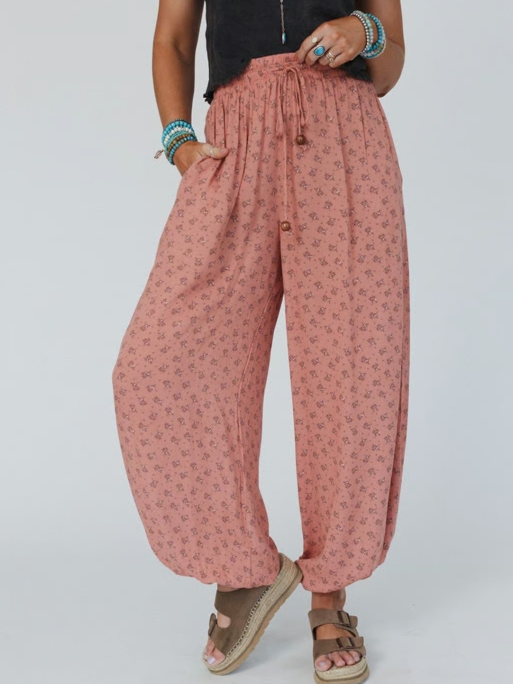 Three Bird Nest The Nest Emberlyn Wide Leg Cinched Pants LARGE Floral Clay
